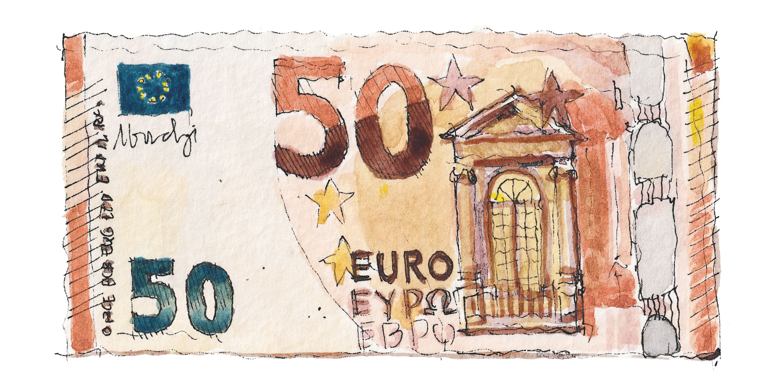 Sketch of a fifty-euro bill.