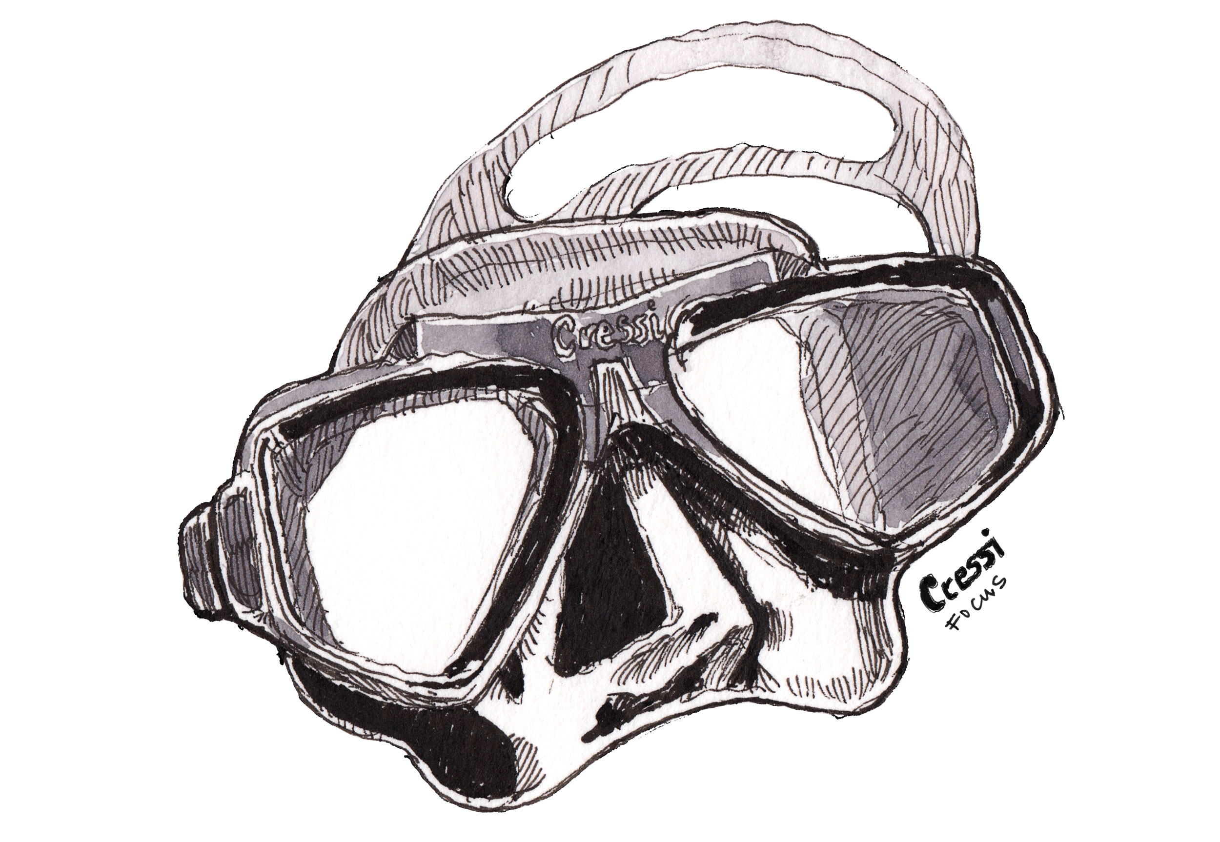 Sketch of a Cressi Focus diving mask.