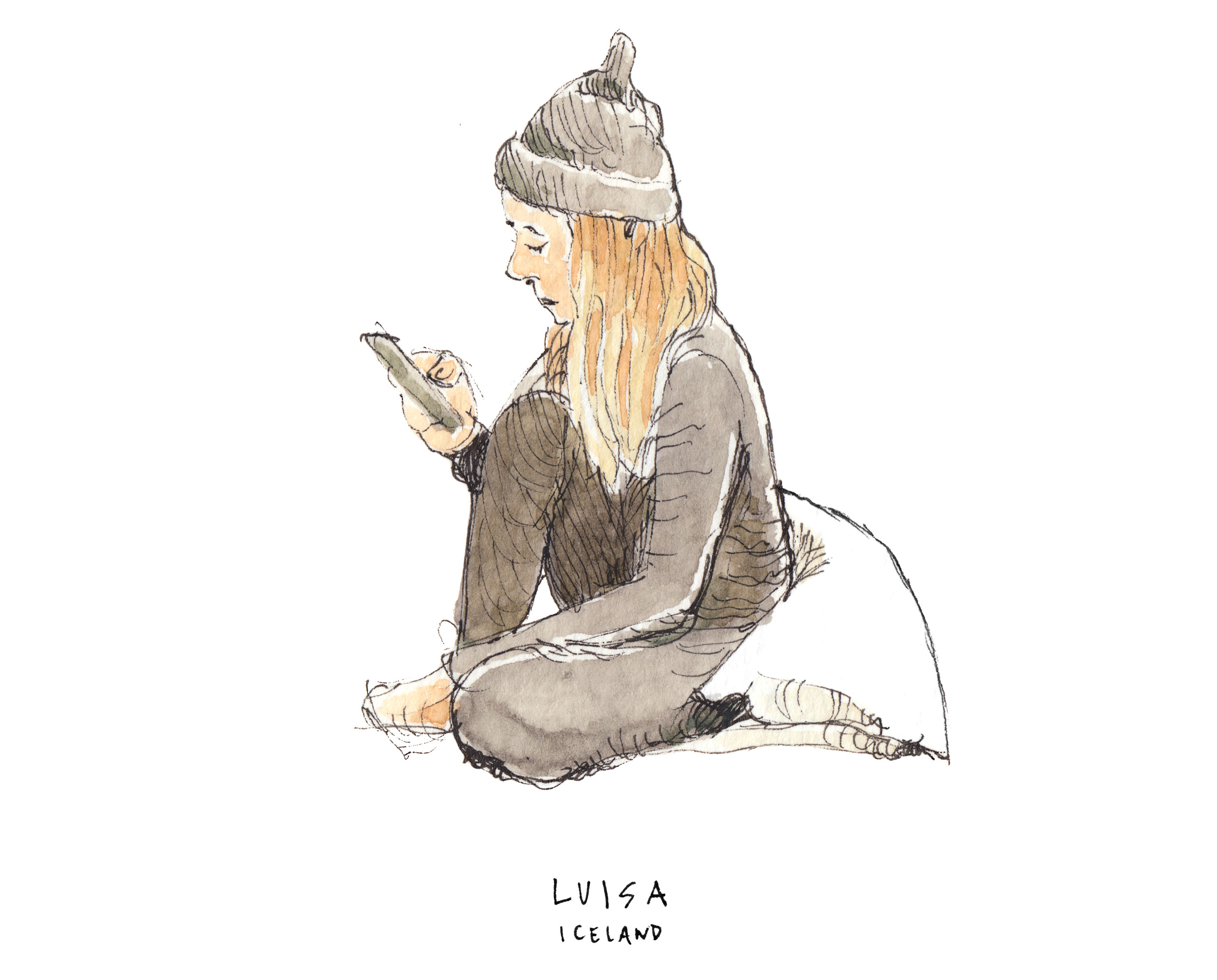 Sketch of Luisa Salles during our trip around Iceland for We Just Wanted Free Internet.