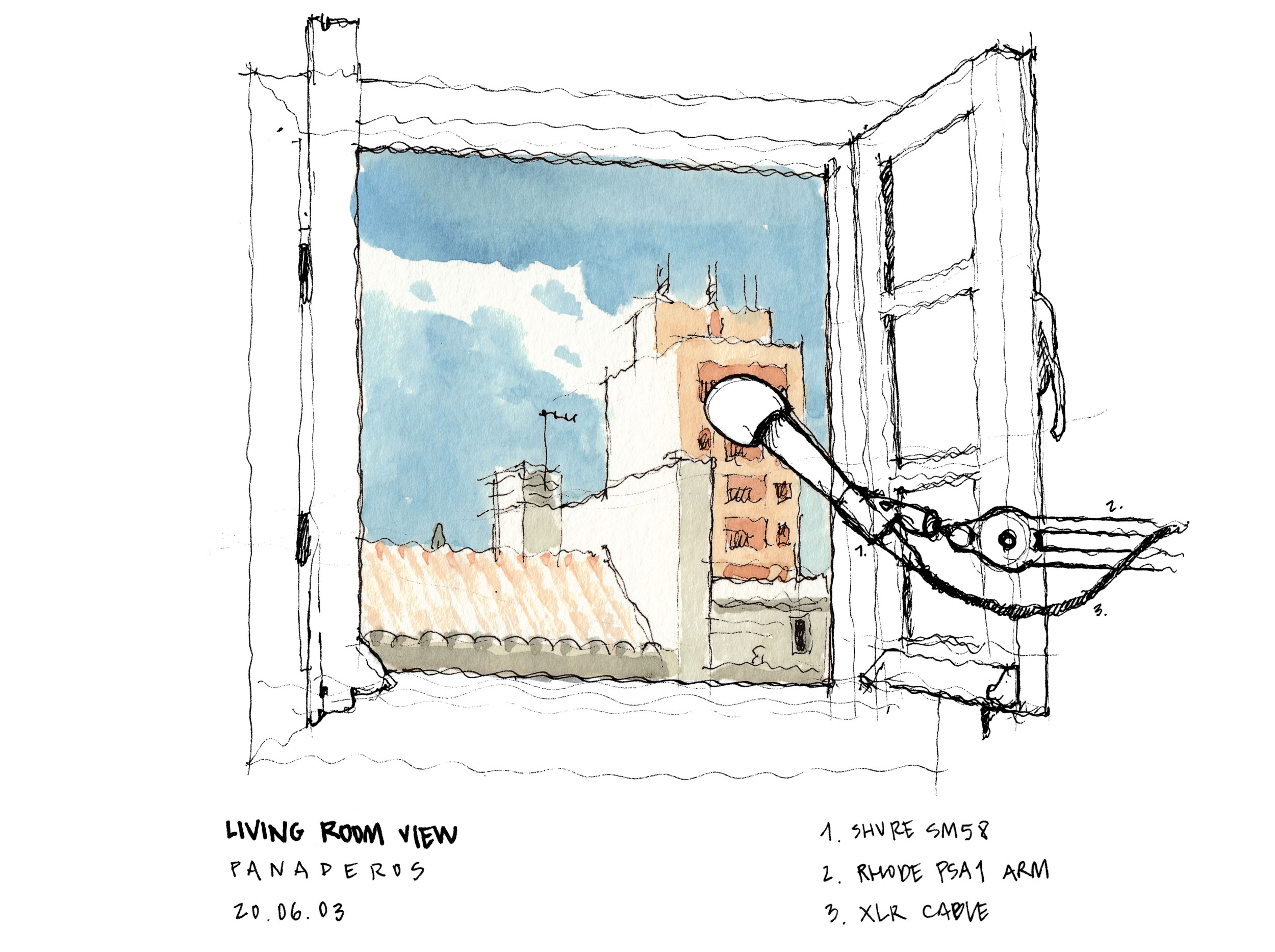 Sketch of buildings seen through a window and a Shure SM58 microphone in a Rhode PS1 boom arm.