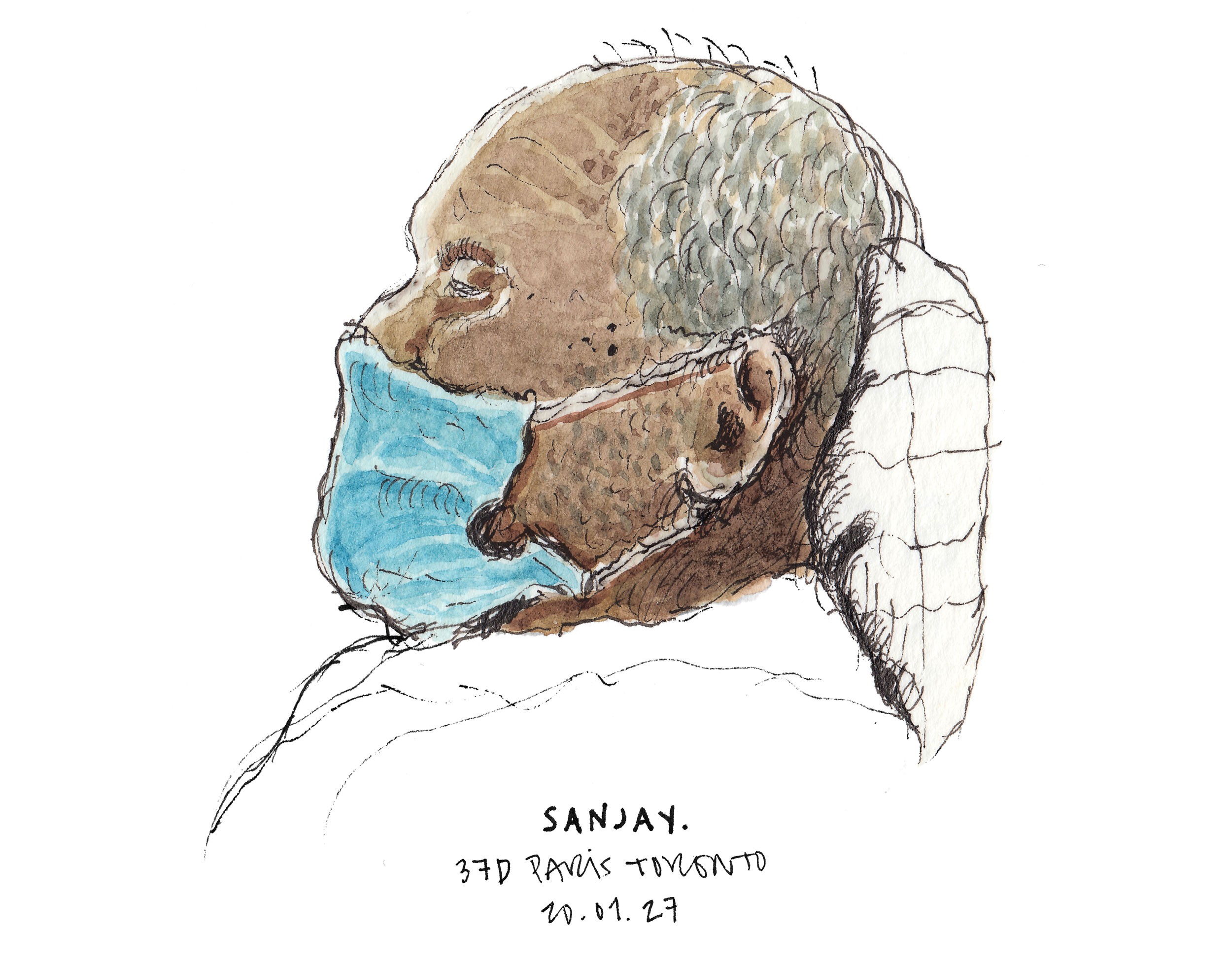 Sketch of Sanjay on my way to Toronto from Paris. We are out of face masks. Coronavirus.