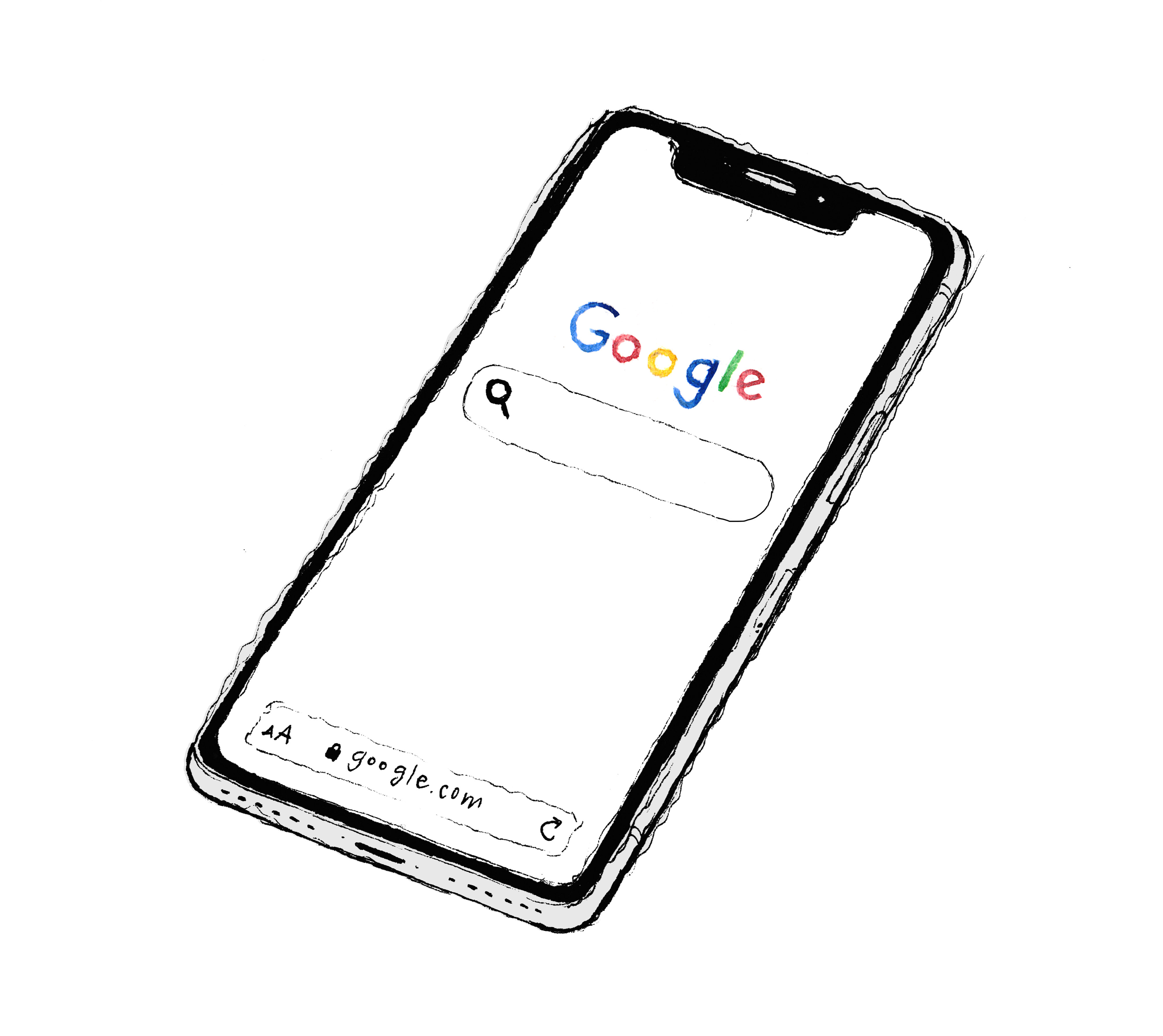 Sketch of an iPhone with a web browser displaying Google's search site.